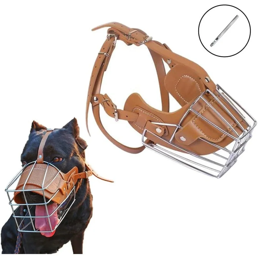 NIB-XL Dogs High Grade Brown Leather and Metal Basket Dog Muzzle Training